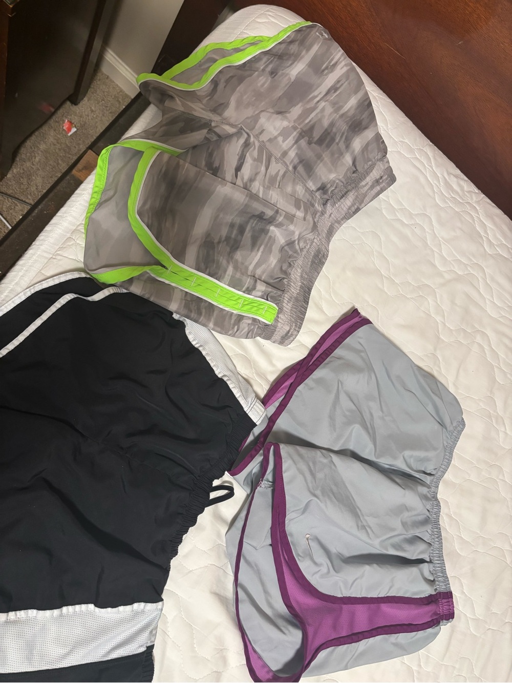 Three-Pack Women Athletic Shorts - Gray Camo, Black, Light Gray with Purple Trim
